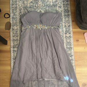 Strapless Gray Dress with Floral Embellishments